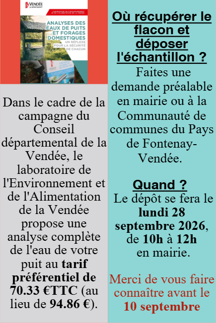 Pour rappel, l&rsquo;utilisation de l&rsquo;eau de puits destin&eacute;e &agrave; la consommation humaine n&eacute;cessite une d&eacute;claration en mairie accompagn&eacute;e d&rsquo;une analyse sanitaire de la qualit&eacute; de l&rsquo;eau. 